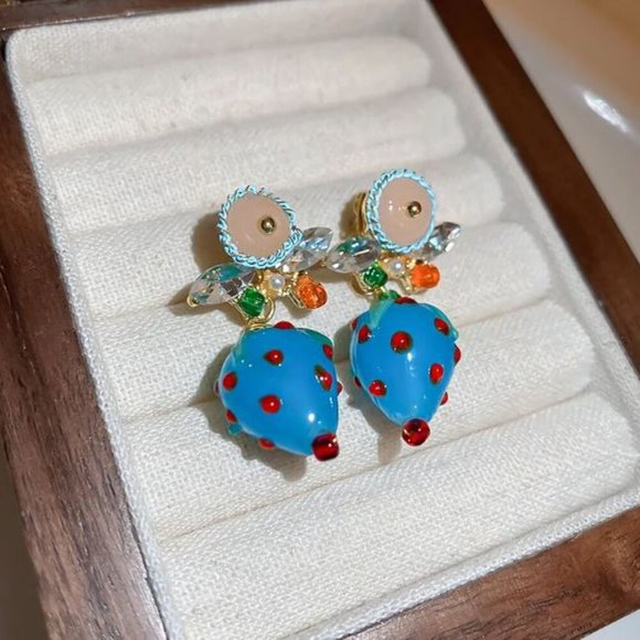 NEW Kamari Blue Glass Strawberry Fruit Drop Earrings Lampwork Beaded - Picture 2 of 4